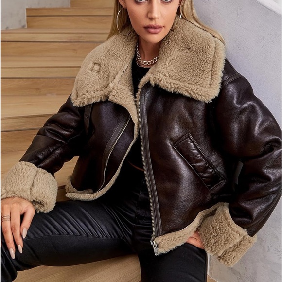 Faux Leather fur lined Bomber Jacket with Sherpa Collar